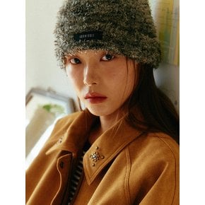 Hairy Knit Beanie Hat (Khaki)