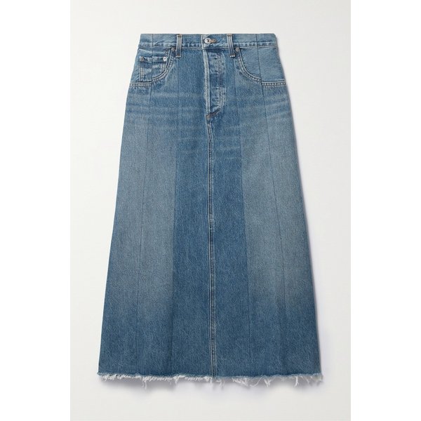 + 넷 서스테인 라이언 프레이드 패널  데님 미디 스커트 1647597316511623