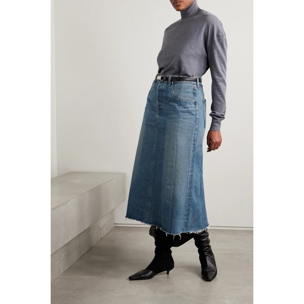 + 넷 서스테인 라이언 프레이드 패널  데님 미디 스커트 1647597316511623