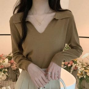 플래티 브이 슬릿 트임 카라넥 티셔츠_P349768537