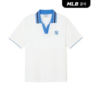 MLB [코리아공식] 여성 오픈카라 배색 슬림핏 카라 티셔츠 NY (Ivory)