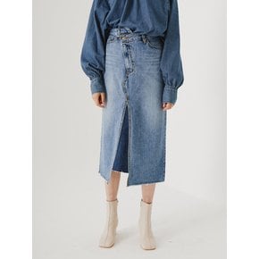 planet-69 unbalance zip-up two fabric slit skirt_blue