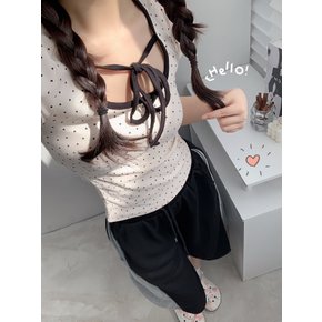 스트링 러브빔 하트 퍼프 배색 반팔티셔츠