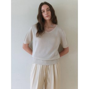 Basic Short Sleeve V-Neck Knit - beige