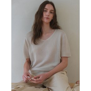 Basic Short Sleeve V-Neck Knit - beige