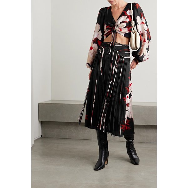 팜리오 플로럴 프린트 프린지 새틴 미디 스커트 1647597326787849