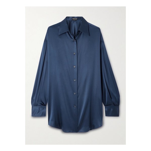 오버사이즈 스트레치 실크 새틴 셔츠 네이비 46376663162862608