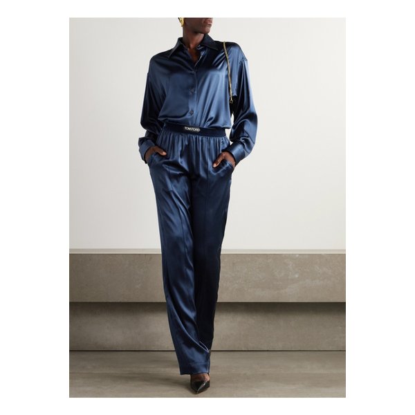 오버사이즈 스트레치 실크 새틴 셔츠 네이비 46376663162862608