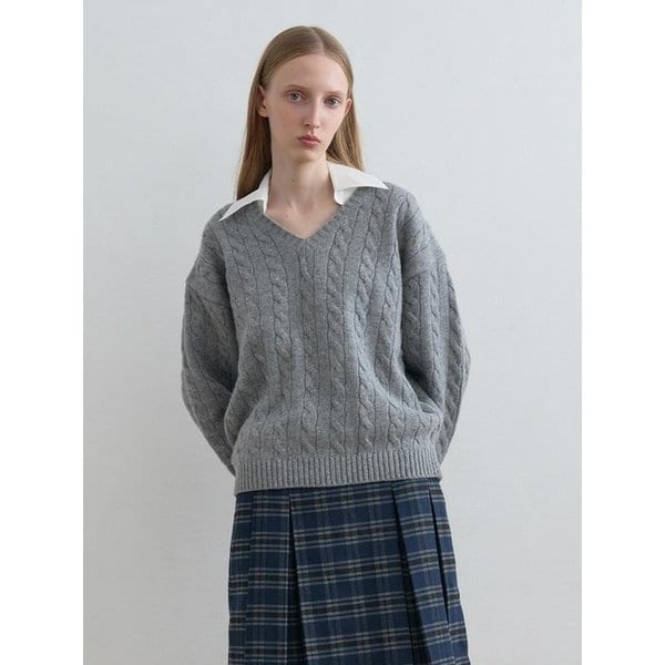 Shirt Collar V-Neck Knit Melange Grey