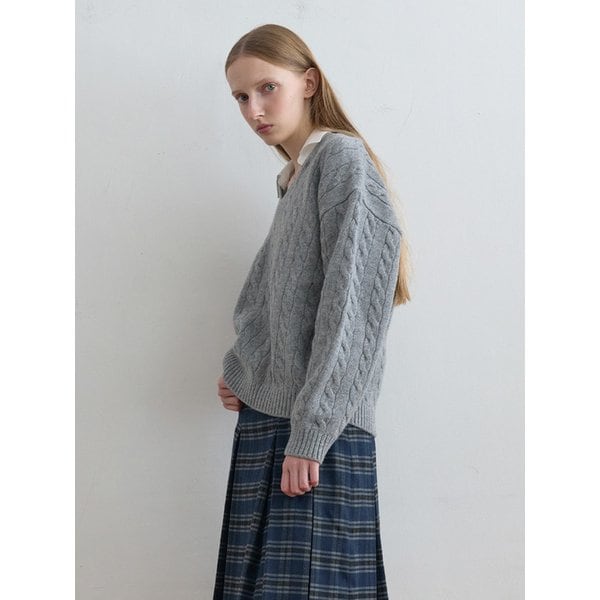 Shirt Collar V-Neck Knit Melange Grey