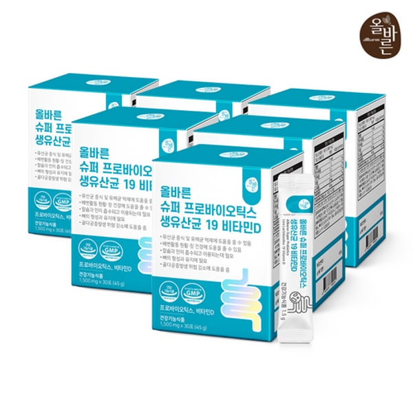 올바른 슈퍼 프로바이오틱스 생유산균 19 비타민D 30포 6박스(총 6...