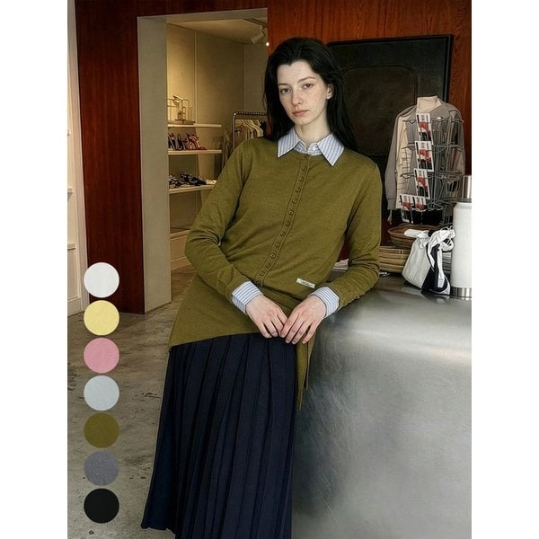 실크 레이어드 스카프 니트 가디건 셋업 (7Colors)