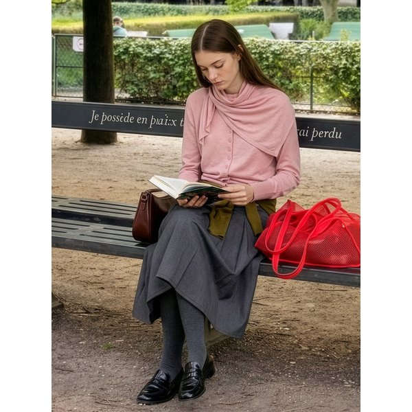 실크 레이어드 스카프 니트 가디건 셋업 (7Colors)