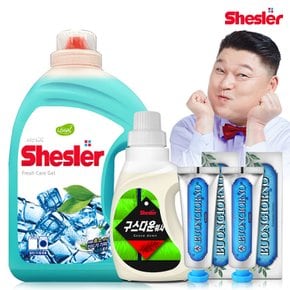 강호동의 쉬슬러 액상 세제 후레쉬 3.05L 1개+구스다운워시전용 650ml 1개+치석케어 치약 100g 2개.