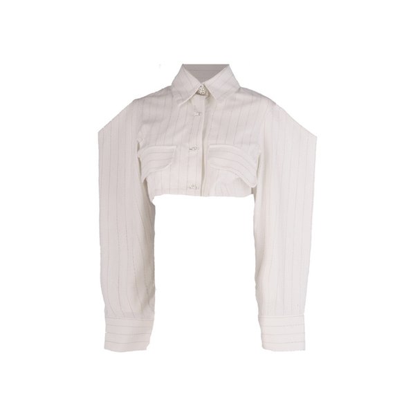 26SS WHITE STRIPED POINT SHOULDER CROP SHIRT