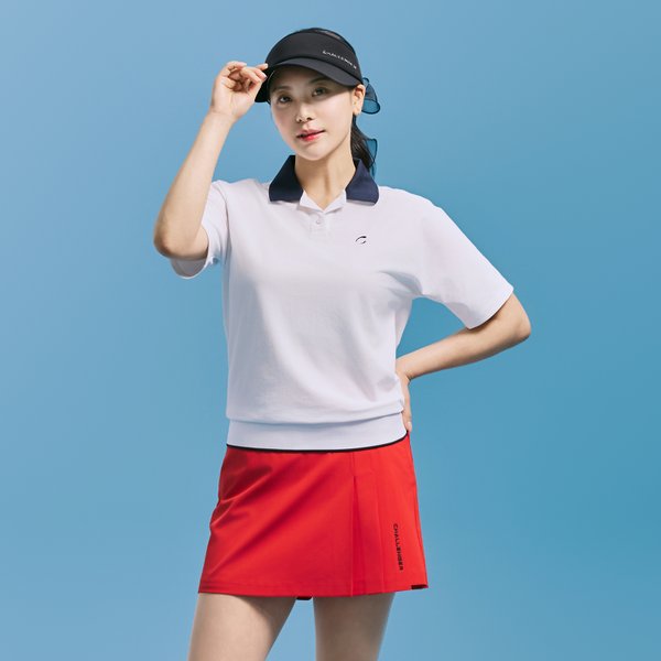 [부산점] 여성 PQ소재 배색 오픈 카라 반팔 티셔츠 화이트