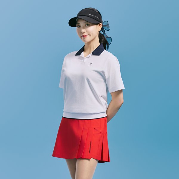 [부산점] 여성 PQ소재 배색 오픈 카라 반팔 티셔츠 화이트