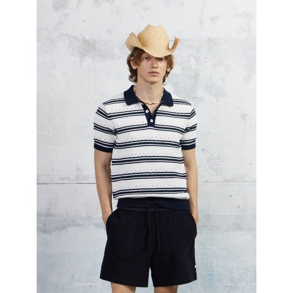 Men Striped Crochet Polo Knit Top, Navy