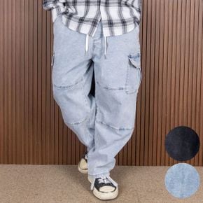 중년 남성 포그 워싱 통밴딩 와이드 건빵 카고 청바지_P389865055