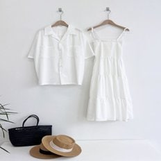  여성 화이트 비치 튜브탑 끈나시 스모크밴딩 롱원피스