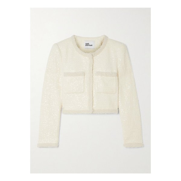 크롭 인조 진주 장식 시퀸 트위드 재킷 크림 1647597350558308