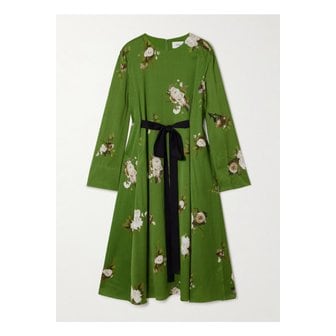 에르뎀 보우 디테일 플로럴 프린트 플리츠 새틴 미디 원피스 46376663162865441