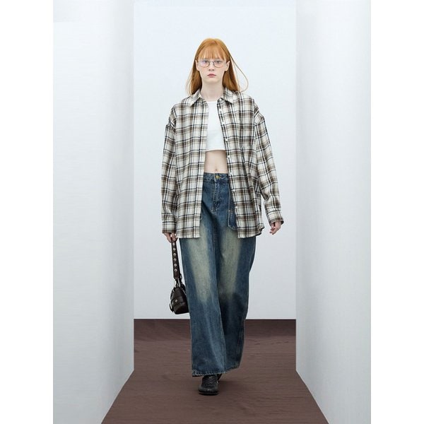 85-VIVA072 빈티지 프렌치 오버핏 포켓 긴팔 체크 셔츠 브라운