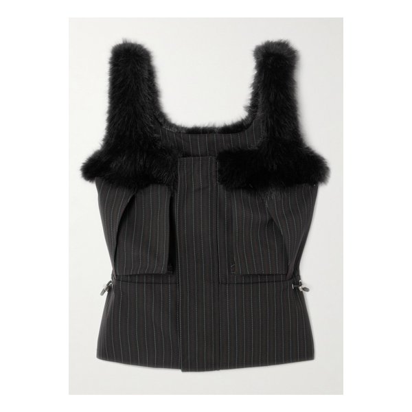 플러시 트리밍 스트라이프 우븐 탑 블랙 46376663162908261