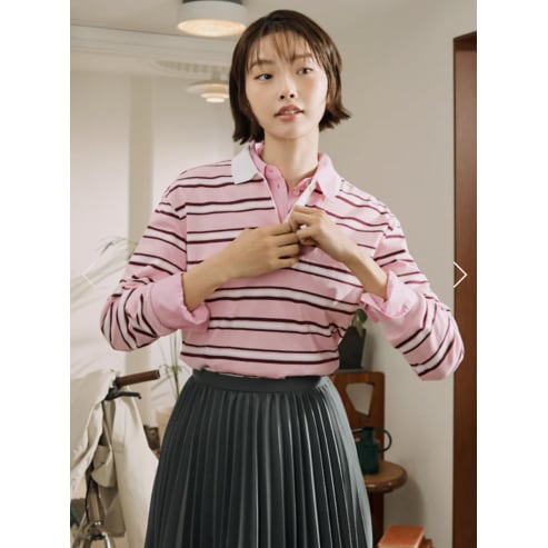 빈폴레이디스 멀티 스트라이프 루즈핏 T칼라 긴소매 티셔츠 - 핑크 BF5241C10X
