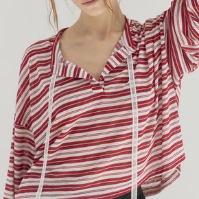 Cropped Stripe Loose Fit Collar Top_Red