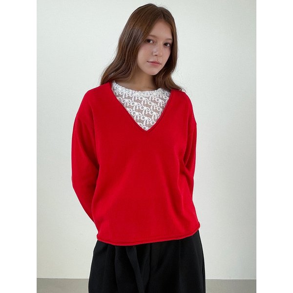 Rolling Deep V-Neck Knit _Vivid Red