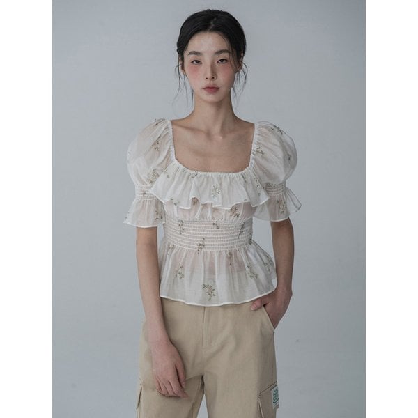 [리퍼브]FLOWER VER_OFF-SHOULDER RUFFLE SMOCK BLOUSE_IVORY