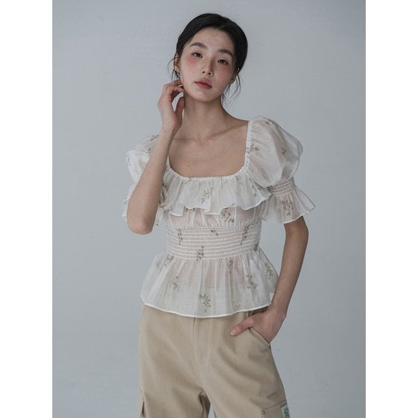 [리퍼브]FLOWER VER_OFF-SHOULDER RUFFLE SMOCK BLOUSE_IVORY