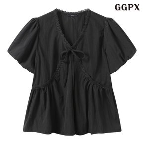 리본 포인트 브이넥 소매 벌룬 반팔 블라우스 (GQBBA003D)