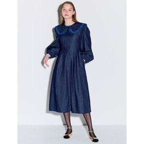 Sailor collar flare long denim dress dark indigo