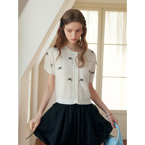 Cest_Crochet bow short sleeve cardigan