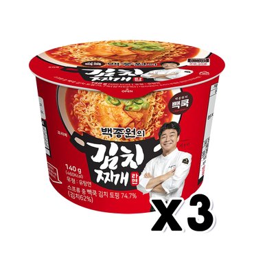  빽쿡 백종원의 김치찌개라면 큰컵사발면 140g x 3개