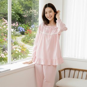 여성 면레이온 긴팔 파자마 세트 프릴 홈웨어 잠옷