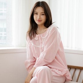 여성 면레이온 긴팔 파자마 세트 프릴 홈웨어 잠옷