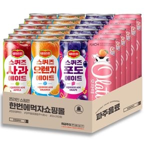 240ml 캔 음료 4종 혼합 각 6캔씩 / 오라떼 피치 + 델몬트 스퀴즈 3종(사과 + 오렌지 + 포도) / 총 24캔