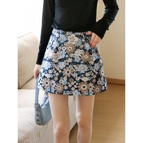 Cest_Blue flower jacquard mini skirt