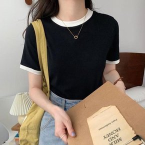 여자 라운드 배색 반팔티 봄 여름 티셔츠 (15072834A)