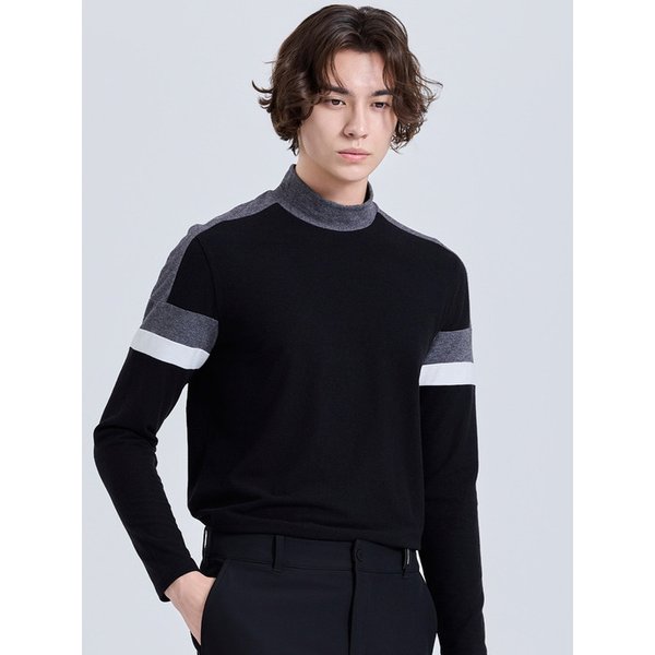 남성 기모 블럭배색 모크넥 긴팔 티셔츠 블랙