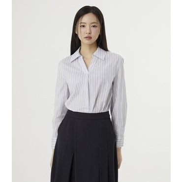 플라스틱아일랜드 스트라이프 오픈카라 턱 블라우스 (PR2WB362)
