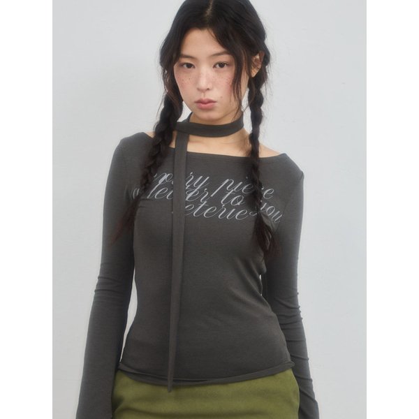 LETTERING OFF-SHOULDER TIE LONG SLEEVE_CHARCAOL