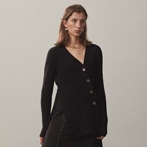 RIBBED-KNIT BUTTONED V-NECK CARDIGAN(BLACK)