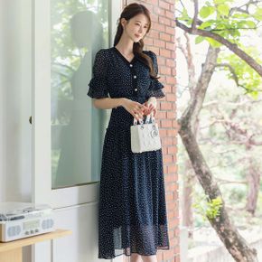 시네마 밴딩 캉캉 슬리브 도트 쉬폰 원피스_P341915365