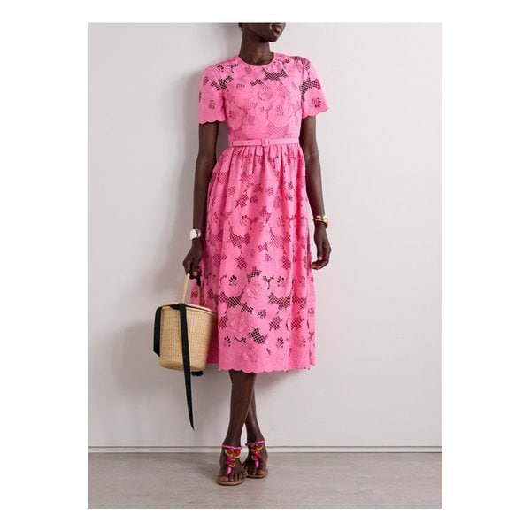 벨트 코튼 혼방 기퓌르 레이스 미디 드레스 핑크
