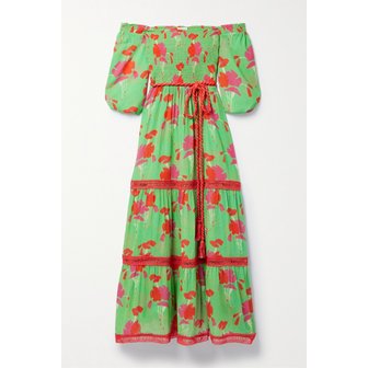 MIGUELINA 미겔리나 마벨 크로셰 트리밍 셔링 프린트 코튼 보일 맥시 드레스 그린 1647597302368734