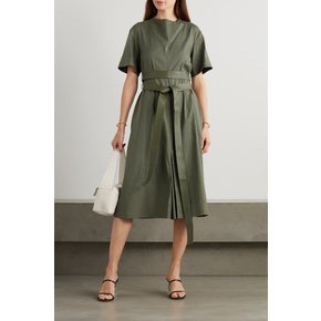 Belted Linen-blend Dress 나뭇잎 그린